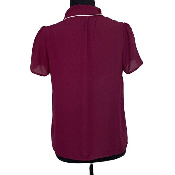 Wine Red and Pink Short Sleeved Blouse with Neck-Tie from Forever 21 - Picture 5 of 6